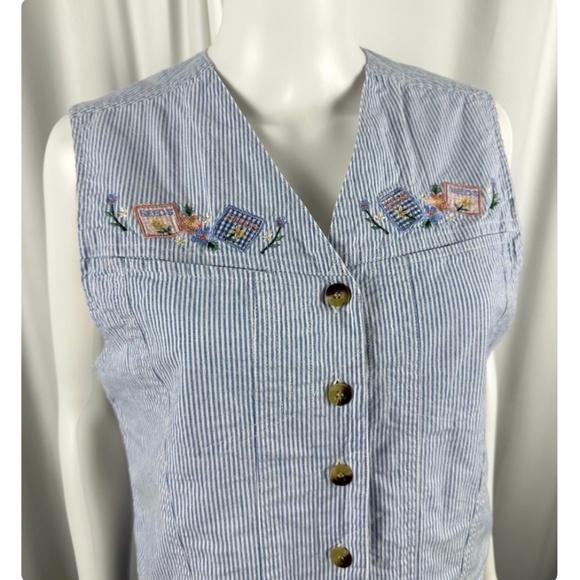 Vintage 90's ‘Solutions!’ Blue Striped Garden Seeds Patchwork Vest - S/M - Picture 2 of 6